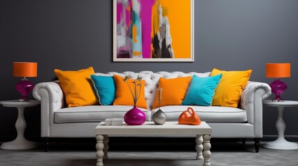 A pop of color with vibrant throw pillows on a soft white sofa against a muted grey wall, adding flair to the decor. 