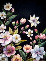 watercolor illustration of a tree with cherry blossom, flowers and branches spring background, flowers and leaves on black background.