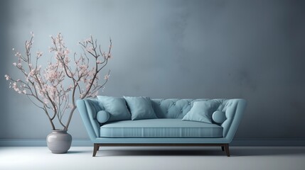 A serene soft blue sofa blending harmoniously into a tranquil blue environment.