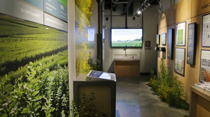 In one corner of the gallery a small exhibit showcases the various types of biofuels used to power the space. Large posters explain the science behind each type and how it is harvested . - obrazy, fototapety, plakaty