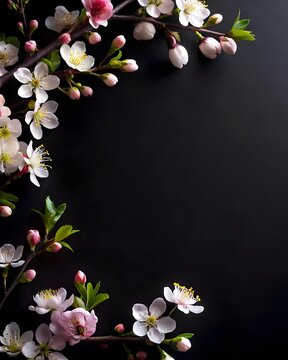 watercolor illustration of a tree with cherry blossom, flowers and branches spring background, flowers and leaves on black background.