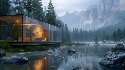 Display space made of transparent glass, store design, pop-up store, tent, camping, mountain forest, field, creek, futuristic space art architecture, window design, minimalism, 3D Rendering