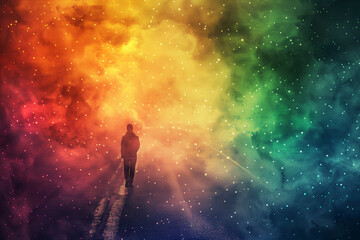 Person Walking in Rainbow Mist, Dreamlike LGBTQ+ Concept - obrazy, fototapety, plakaty