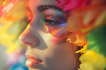 Obraz premium Woman with Rainbow Colors on Face, Artistic LGBTQ+ Representation