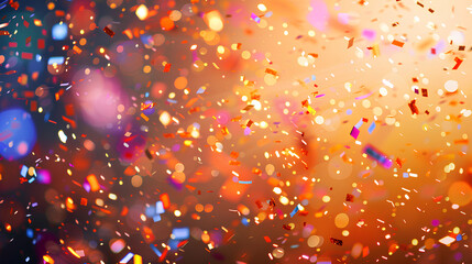 Vibrant Confetti Rain on Orange, Festive and Joyful Celebration Background with Copy Space
