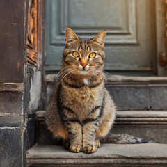 cute cat sitting on the stairs next to the door