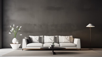 A soft white sofa complementing the understated elegance of a slate grey accent wall in a stylish lounge area - obrazy, fototapety, plakaty