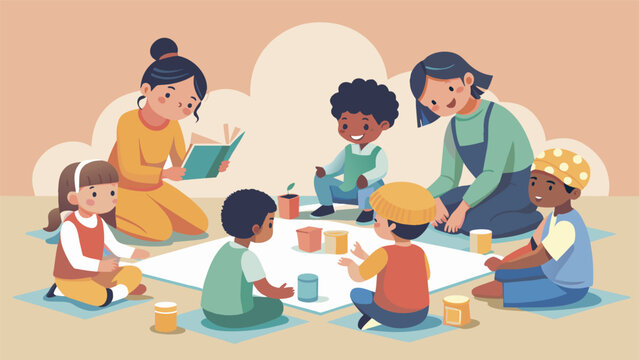 A childrens playgroup in a foreign country includes kids from various cultural backgrounds happily playing and learning from one another. The