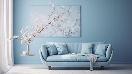 A soft blue sofa nestled in a serene blue setting, inviting relaxation.