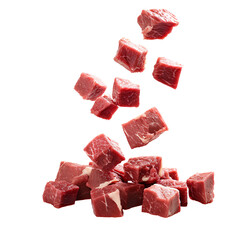Falling meat beef cubes isolated, no background, transparent background