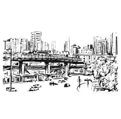 Sketch of urban traffic and sky train in Bangkok, Thailand