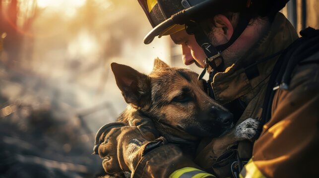 A firefighter comforting a pet saved from a fire