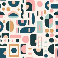 A seamless pattern of geometric shapes and forms in pastel pink, peach, teal, and navy blue on a white background. 