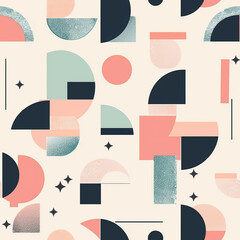 A seamless pattern of geometric shapes and forms in pastel pink, peach, teal, and navy blue on a white background. 