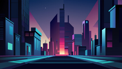 A digital illustration of a cityscape at night with glowing neon lights casting a web of intricate shadows across the buildings and streets.