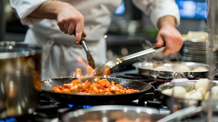 Close-up of a chef seasoning food in a frying pan on a stove in a kitchen