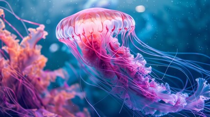 Enchanting view of a pink jellyfish, its long, flowing tentacles illuminated in the ocean's embrace