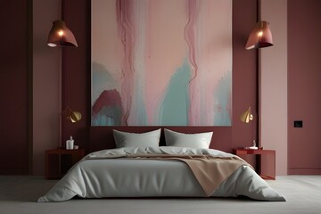 Bedroom in pastel tone maroon color trend 2024 year panton furniture and background. Modern luxury room interior home design. Empty painting wall for art or wallpaper, pictures, art