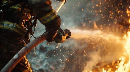 Close-up of a firefighter using a fire hose to extinguish flames at a fire scene - obrazy, fototapety, plakaty