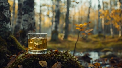 A single glass of birch sap, its freshness echoed in the tranquility of a woodland scene - obrazy, fototapety, plakaty