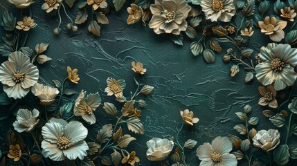 A close-up on the elaborate craftsmanship of volumetric flowers on a dark green textured backdrop
