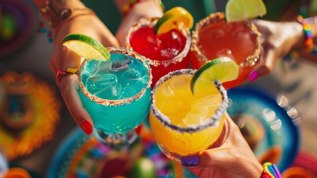 A close-up of hands raising vibrant margaritas, toasting to Cinco de Mayo's spirited celebration