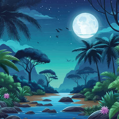 Fototapeta na wymiar free vector Night landscape and river with full moon and tree