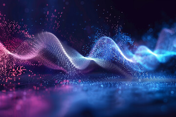 Digital visualization of a sound wave in pink and blue hues, representing dynamic movement - obrazy, fototapety, plakaty