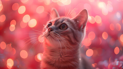 a cute pink cat with blue eyes is  looking upwards, and there are sparks or lights shining around...