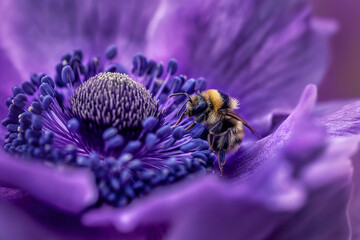 Close up of a bee on an anemone flower, in purple color, with macro photography