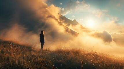 A silhouette of a person standing in a grassy field at sunset or sunrise. The person appears to be a woman looking off into the distance, gazing at the mountains partly obscured by dramatic clouds. Th - obrazy, fototapety, plakaty