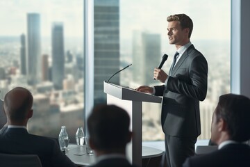 A corporate executive presenting at a conference