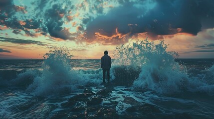 A solitary figure stands on a rocky shore facing the expansive ocean as waves dramatically crash around him. The person is silhouetted against the backdrop of a vibrant sunset sky filled with clouds t