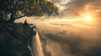 A person sits tranquilly on the edge of a high cliff, overlooking a waterfall that cascades down into a dense forest. The scene is bathed in the warm light of a setting or rising sun, which disperses  - obrazy, fototapety, plakaty