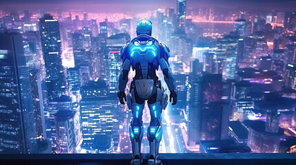 Cybernetic Guardian in a Futuristic Cityscape A photo of a cybernetic guardian
