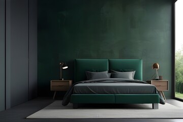Bedroom in pastel tone dark green color trend 2024 year panton furniture and background. Modern luxury room interior home design. Empty painting wall for art or wallpaper, pictures, art