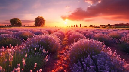 Sunset over lavender field in Provence, France.