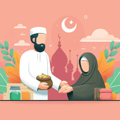 Free vector faceless Muslim giving alms zakat or infaq donation to a person who need it in flat poster illustration