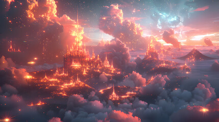 A city of glowing orange castle-like structures, surrounded by clouds and stars. game background