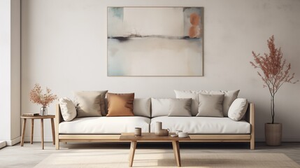 A trendy modern living room featuring a cozy sofa adorned with stylish throw pillows, set against a blank wall ready for personalization with artwork or decor.