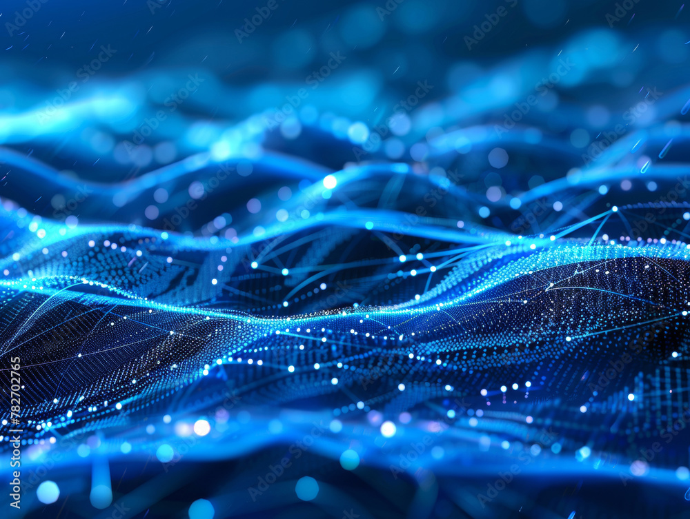 Poster Abstract blue digital particles in cyberspace. Futuristic background with bokeh defocused lights 3d style
