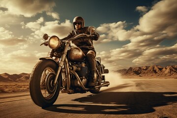 A rider on a vintage motorcycle in a retro setting