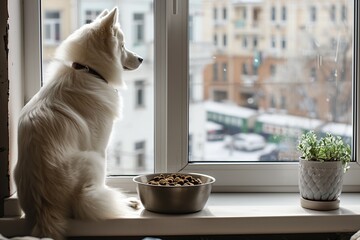 The dog looks out the window - obrazy, fototapety, plakaty
