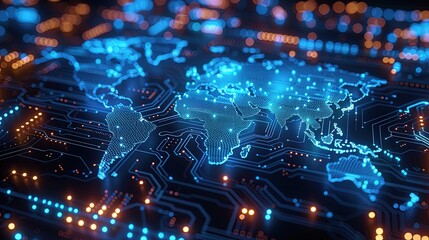 Fototapeta premium The illuminated digital map of the world is engraved on a dark printed circuit board. Innovative PC. Generative AI