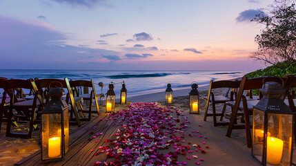 A pathway lined with lanterns and petals leading to a beachside wedding ceremony at dusk, with chairs arranged facing the calm, rolling waves. 32k, full ultra hd, high resolution