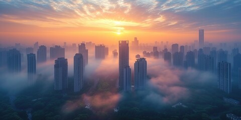 An aerial view of skyscrapers in the fog. Beautiful fog skyline. Calm atmosphere. Business wallpapers. Generative AI - Powered by Adobe