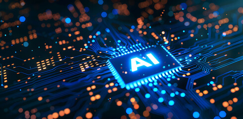Digital Fusion: Cinema4D-Rendered Circuit Board Featuring AI Emblem, Multiple Screens Website Design