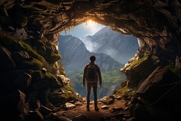 Hiker exploring a hidden cave