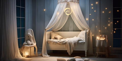 A peaceful baby bedroom with a canopy bed, sheer curtains, and a view of the moonlit sky
