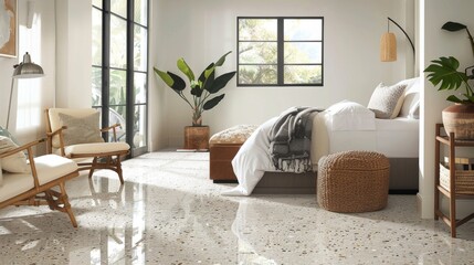 As you enter the bedroom you are greeted by the luxurious feel of a traditional terrazzo floor blended with the clean lines and simplicity of modern decor. The neutral tones of the .